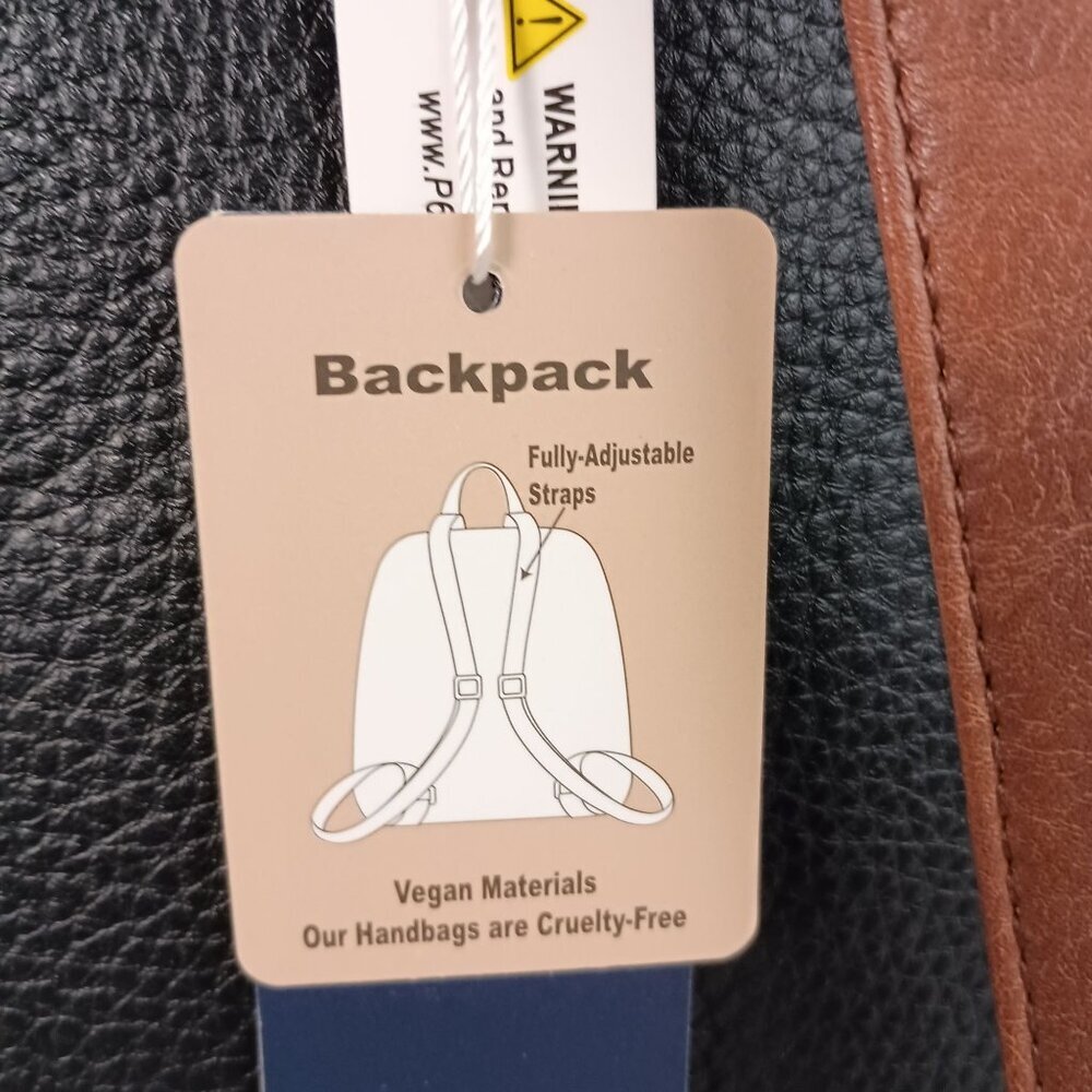 White Mountain Vegan Leather Backpack Black Brown Trim Cruelty Free NWT - Picture 11 of 15